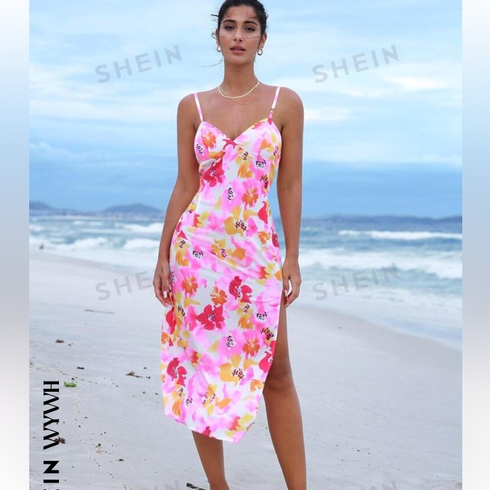 Pink floral midi dress